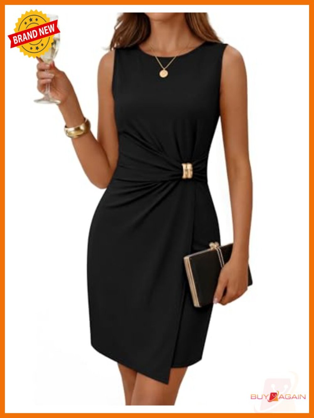 Sleeveless Bodycon Mini Dress Gold Waist Detail Work Cocktail Party